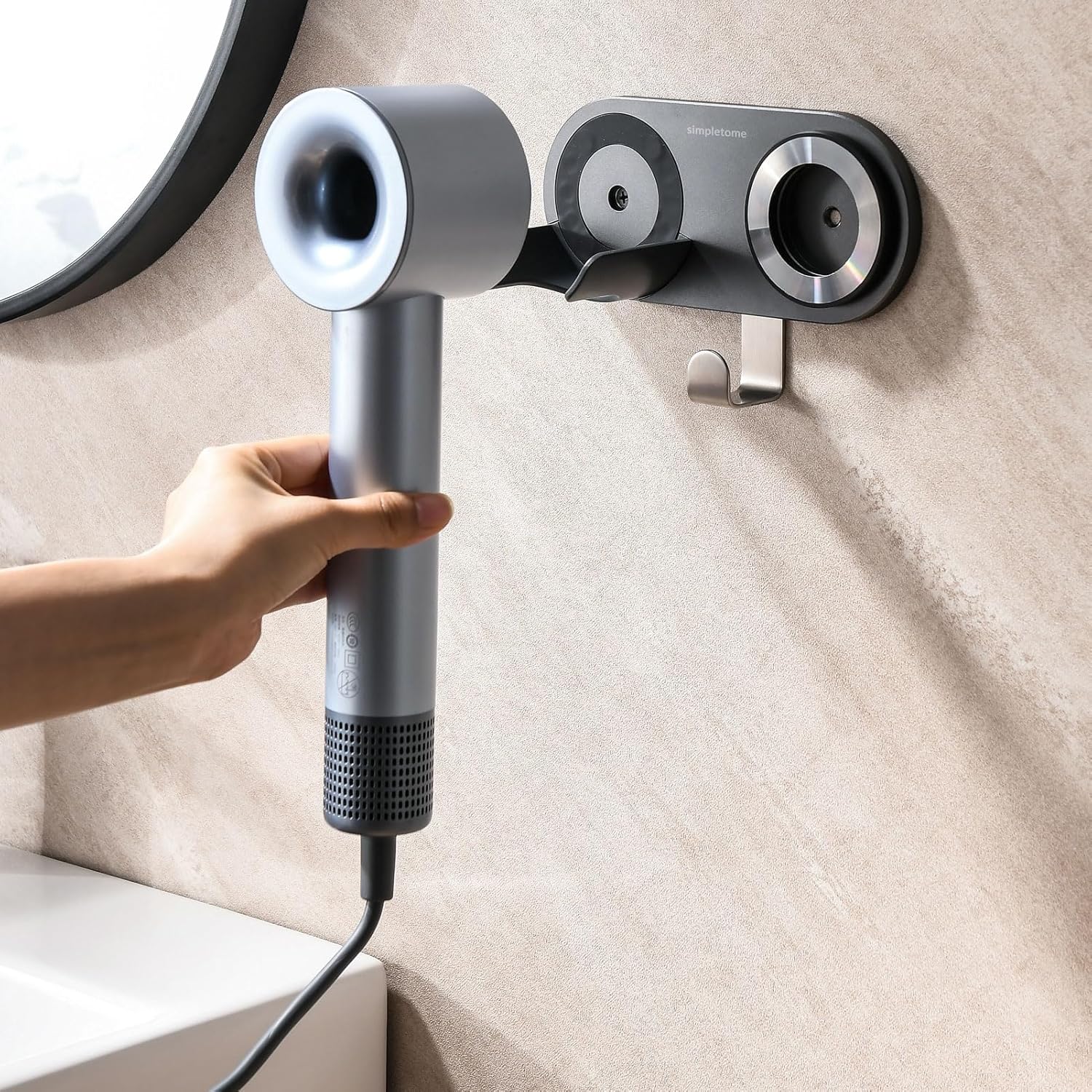 simpletome Hair Dryer Holder Wall Mount for All Magnetic High Speed Blow Dryer with Plug Cord Organizer Hook (ABS Plastic, Grey) - Image 9