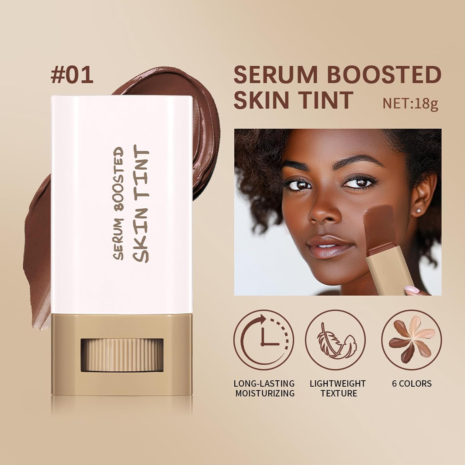 Beauty Balm Serum Boosted Skin Tint – Hydrating Tinted Moisturizer, Lightweight Solid Tinted Foundation Stick for Flawless, Sheer to Medium Coverage, Radiant & Dewy Finish, All-Day Wear (6#, 1) - Image 6