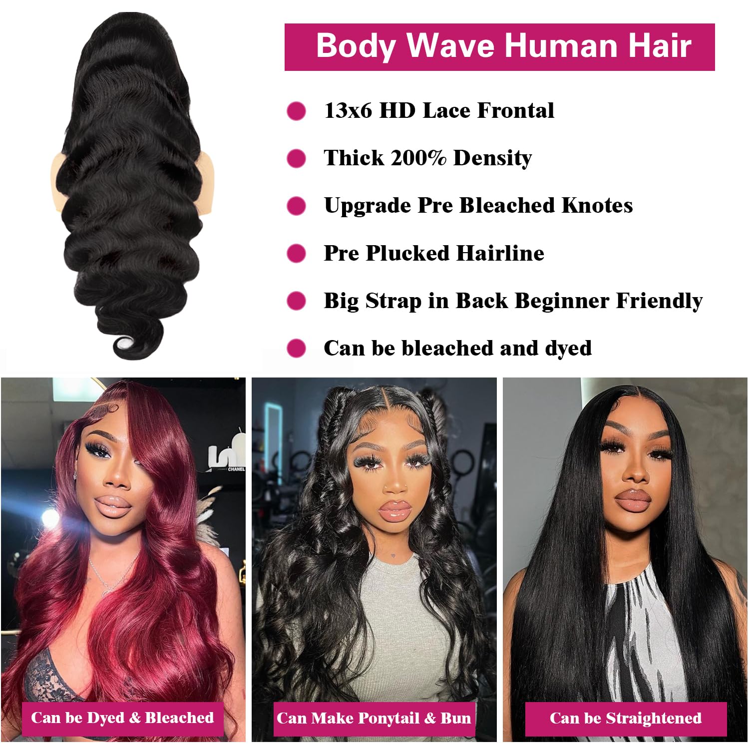 30 Inch Body Wave 13x6 HD Lace Front Wig, 200 Density Virgin Human Hair for Women - Image 3