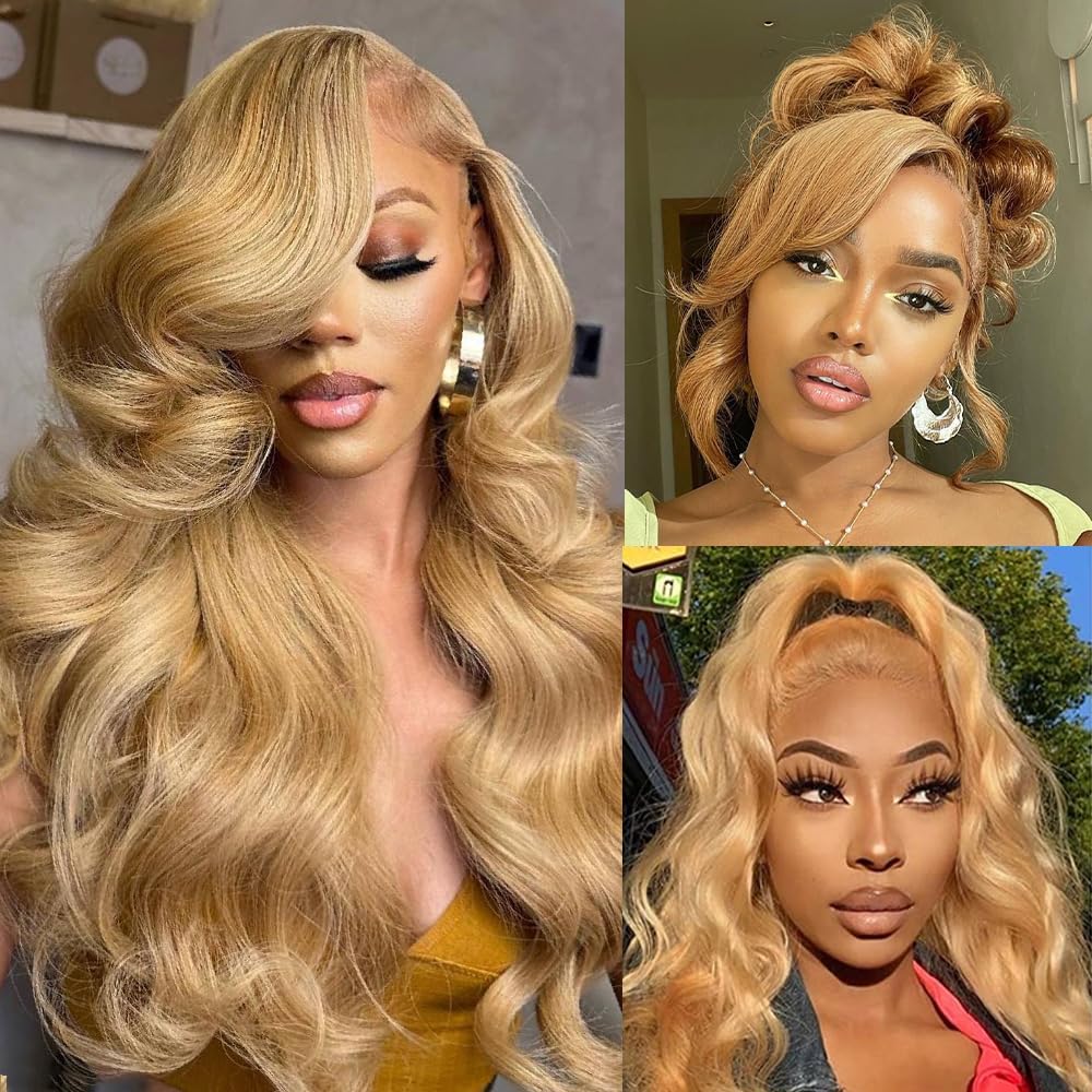 180% Density 13x6 Ash Blonde Lace Frontal Wig Human Hair Honey Blonde Body Wave Lace Frontal Wigs Human Hair 27# Colored Lace Front Wigs For Women Pre Plucked (22inch)