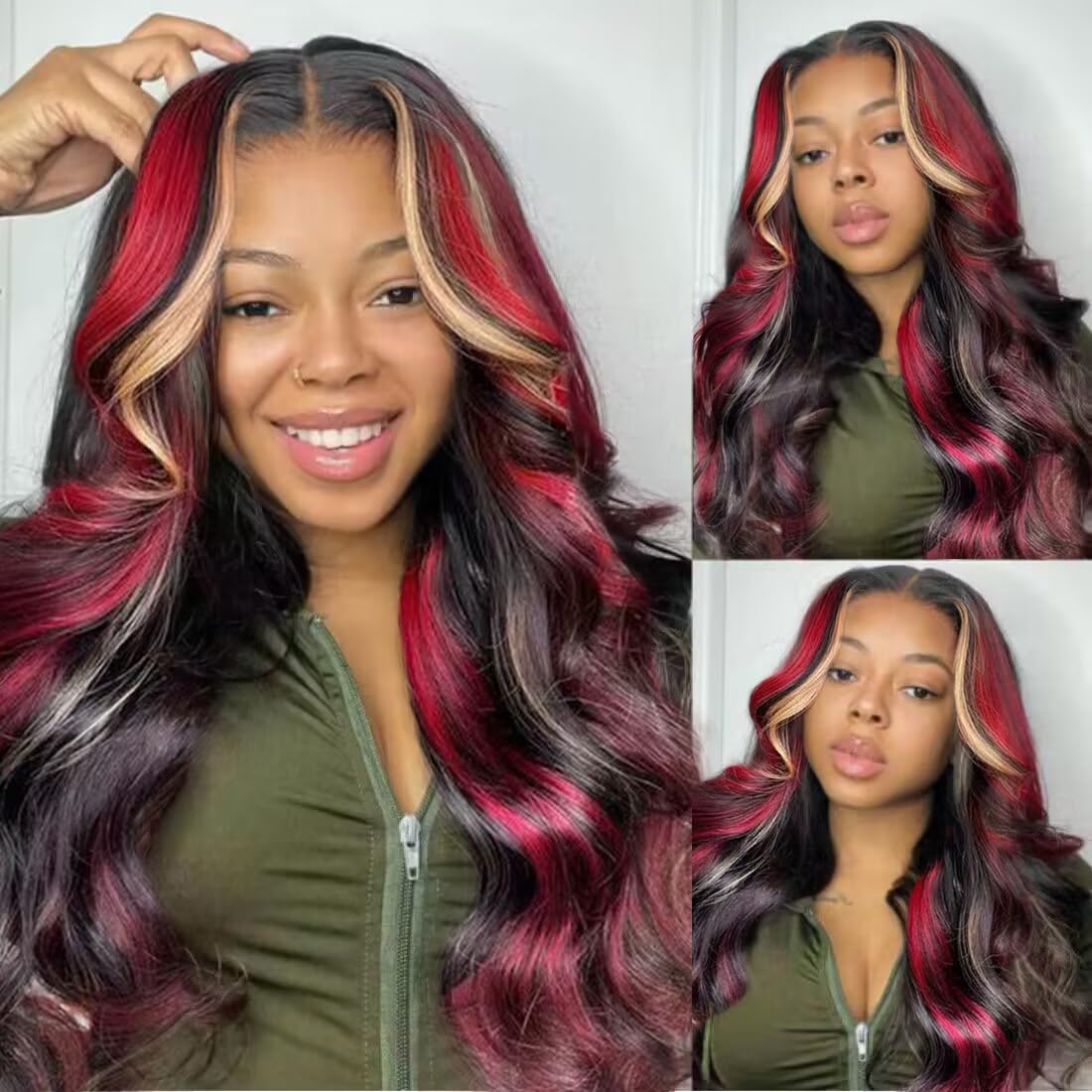 180% Density Glueless Wig Black Red Wig Burgundy Highlight Wig Human Hair Body Wave Lace Front Wigs Human Hair 13X6 HD Lace Front Human Hair Wigs Pre Plucked with Baby Hair 26 Inch