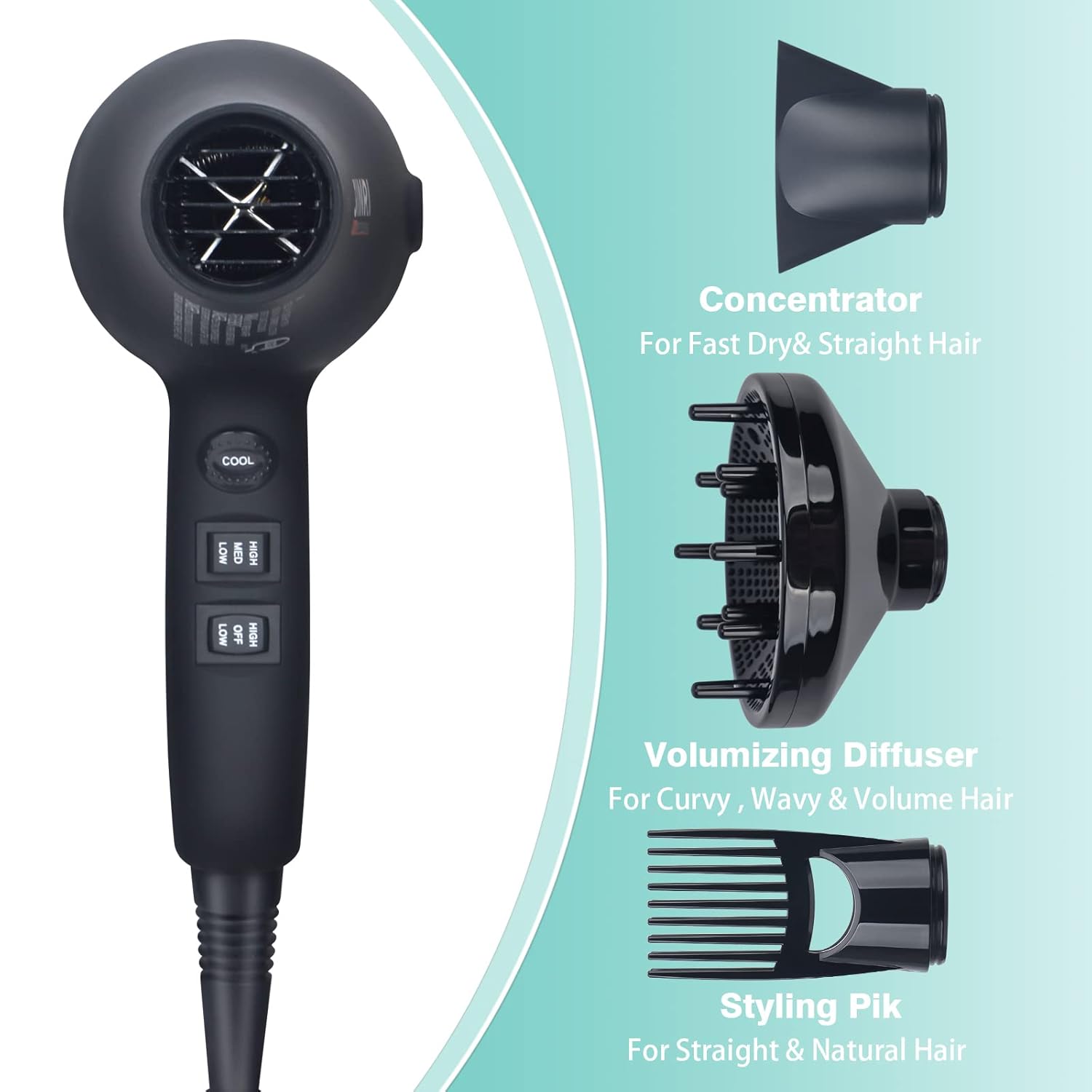 1875w Professional Tourmaline Hair Dryer,Negative Ionic Salon Hair Blow Dryer,DC Motor Light Weight Low Noise Hair Dryers with Diffuser & Concentrator & Comb - Image 5