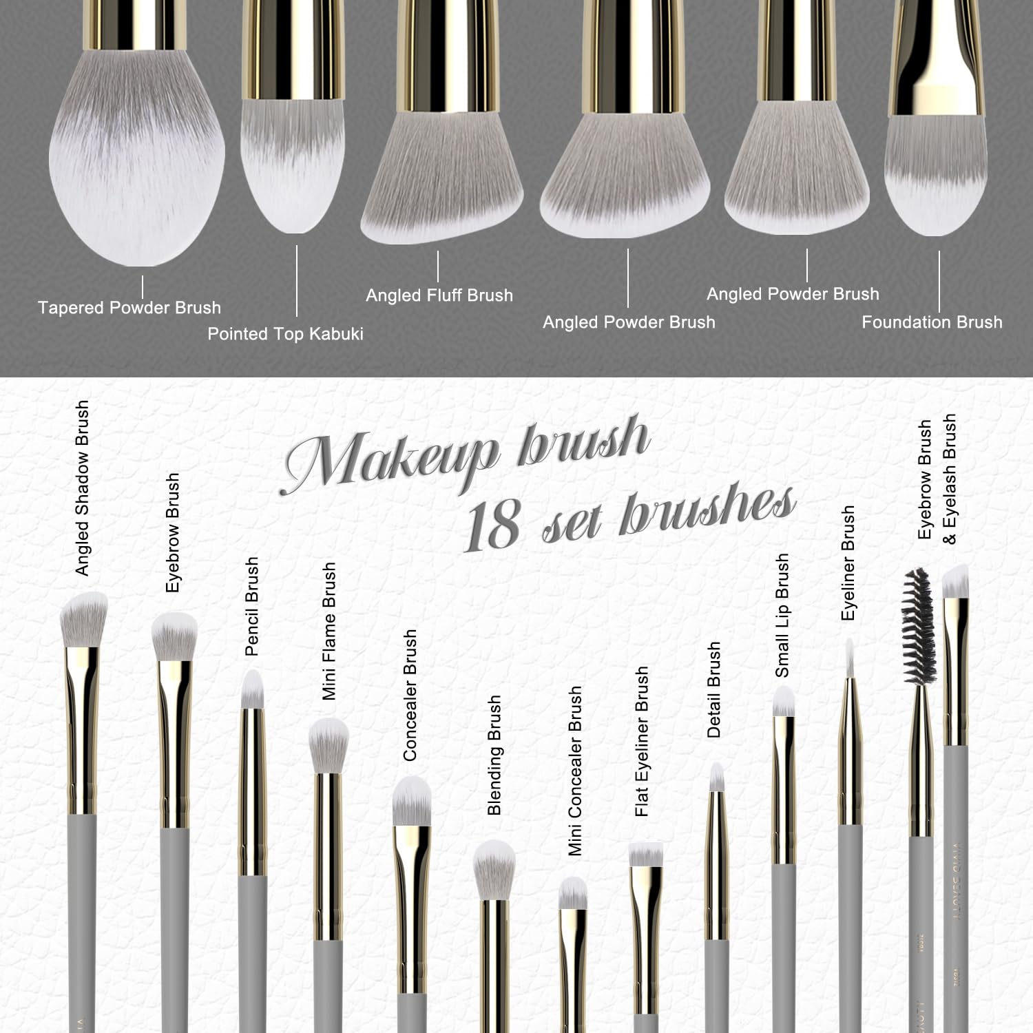 18pcs Makeup Brush Set with Case Dense Synthetic Fiber Premium Metal Ferrule Wood Handle Brushes Includes Powder Foundation Blush Eyeshadow Kit Professional Make up Tools for Women(Grey) - Image 4