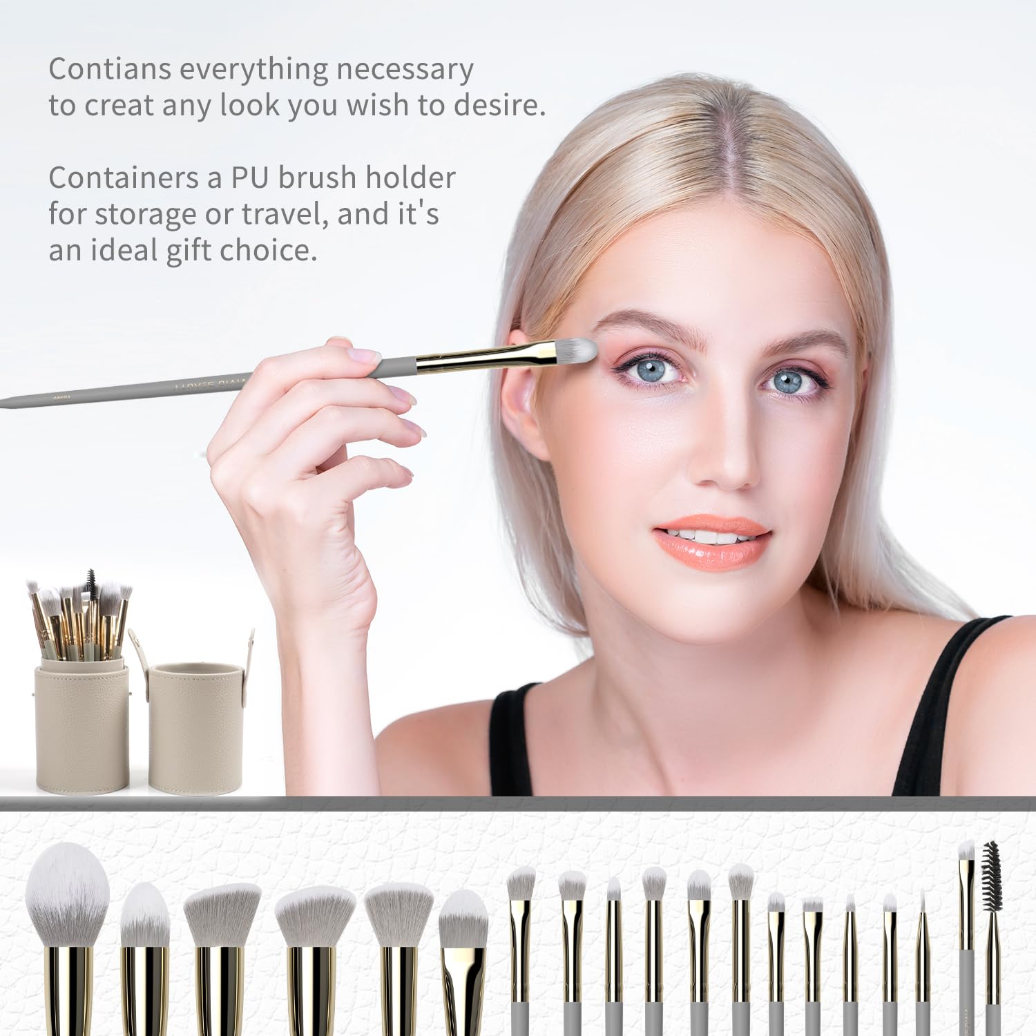 18pcs Makeup Brush Set with Case Dense Synthetic Fiber Premium Metal Ferrule Wood Handle Brushes Includes Powder Foundation Blush Eyeshadow Kit Professional Make up Tools for Women(Grey) - Image 3