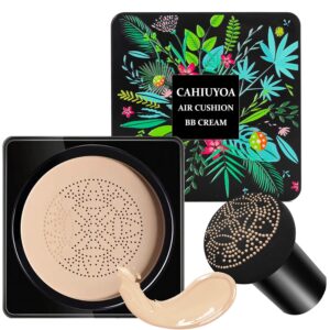 1PCS Mushroom Head Air Cushion CC Cream,CAHIUYOA BB Cream Foundation Full Coverage Concealer Long Lasting Liquid Matte Makeup Foundation with Mushroom Makeup Sponge-Ivory