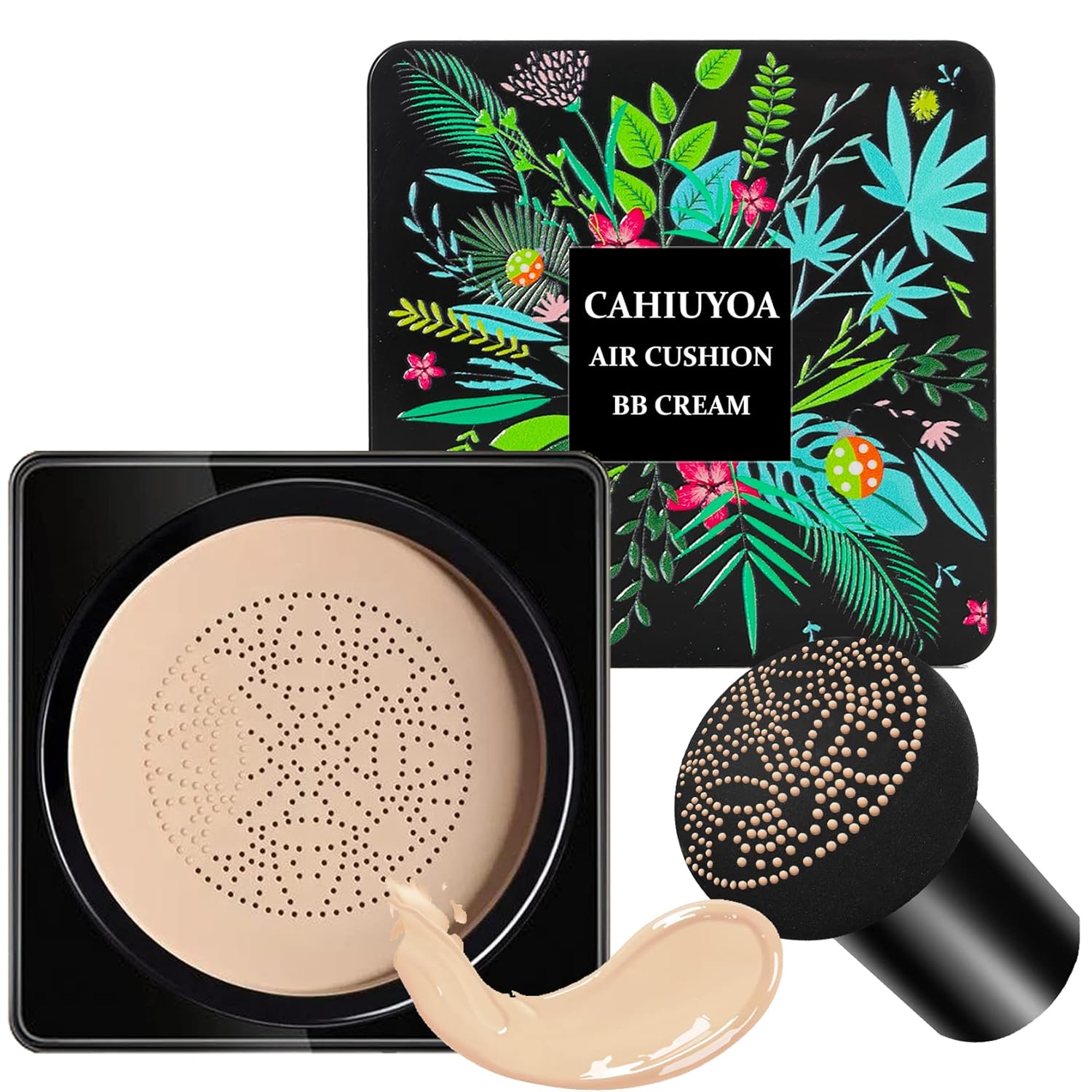1PCS Mushroom Head Air Cushion CC Cream,CAHIUYOA BB Cream Foundation Full Coverage Concealer Long Lasting Liquid Matte Makeup Foundation with Mushroom Makeup Sponge-Ivory