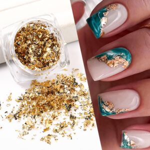 2 Bottles Gold Foil for Nails - Golden Glitter Design, Foil Fragments and Irregular Flakes for 3D Nail Sequins Decoration