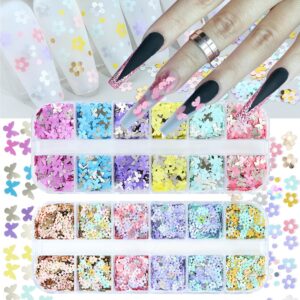 2 Boxes 12 Grids Flowers & Butterfly Nail Art Glitter Sequins Colorful Floral Nail Flakes 3D Holographic Confetti Charms for Acrylic Nails Butterflies Nail Sequins for Women DIY Manicure Decorations