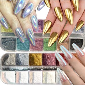 2 Boxes Chrome Nail Powder Set 24 Colors Holographic Nails Powders Laser Shining Glitter Metallic Mirror Effect Holographic Aurora Chameleon Pigment 1g/Grids for Nail Art Glitters