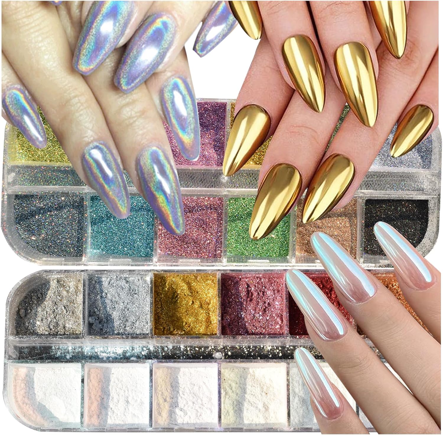 2 Boxes Chrome Nail Powder Set 24 Colors Holographic Nails Powders Laser Shining Glitter Metallic Mirror Effect Holographic Aurora Chameleon Pigment 1g/Grids for Nail Art Glitters