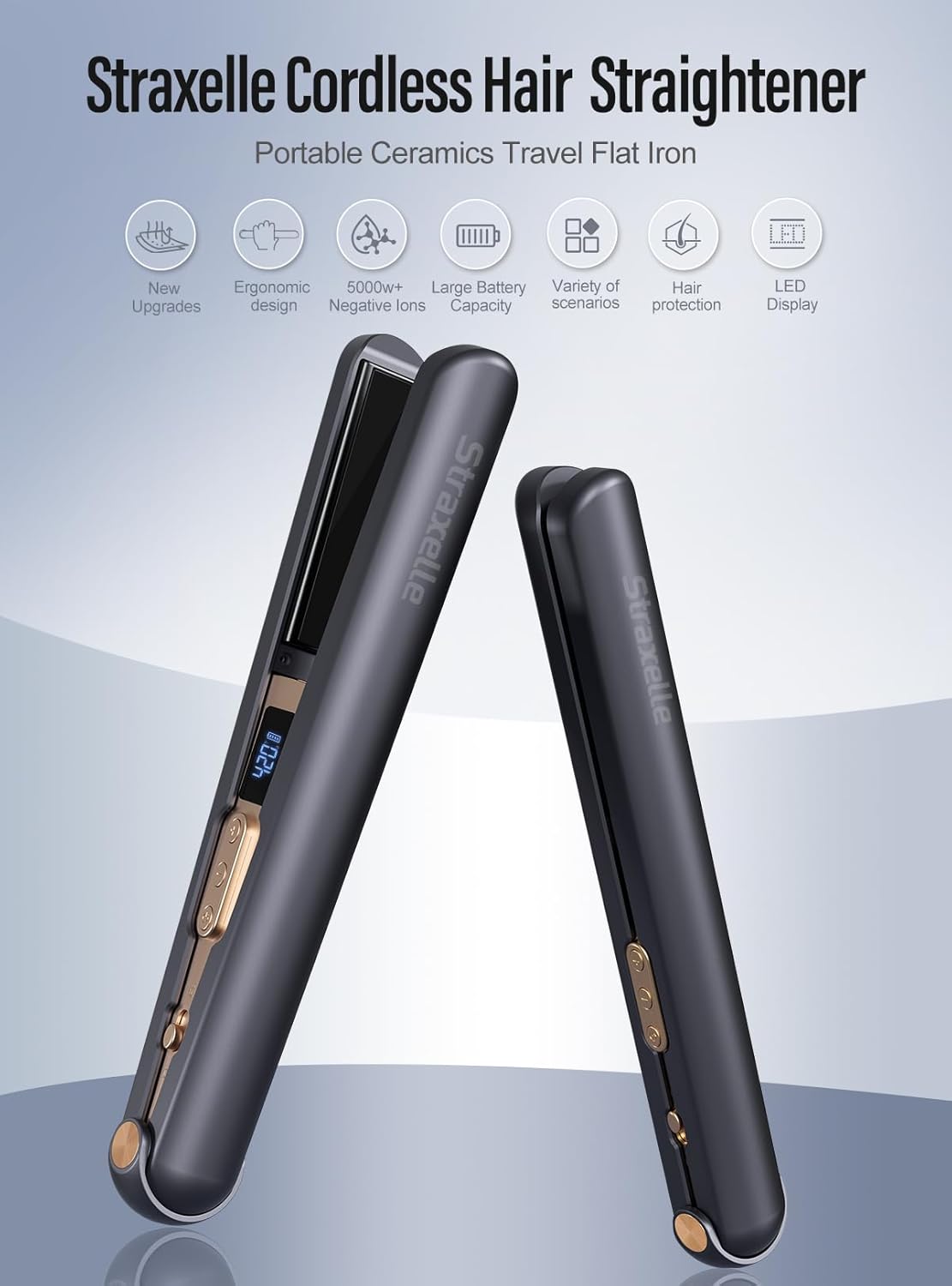 2-in-1 Cordless Hair Straightener and Curler, Adjustable 350°F-420°F, 20s Heat-Up/LED Display/10000mAh Battery,Cordless Flat Iron Travel Safe Ceramic Plates for Fine to Thick Hair - Image 3