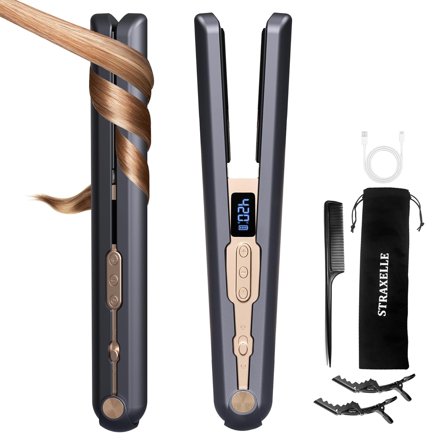 2-in-1 Cordless Hair Straightener and Curler, Adjustable 350°F-420°F, 20s Heat-Up/LED Display/10000mAh Battery,Cordless Flat Iron Travel Safe Ceramic Plates for Fine to Thick Hair