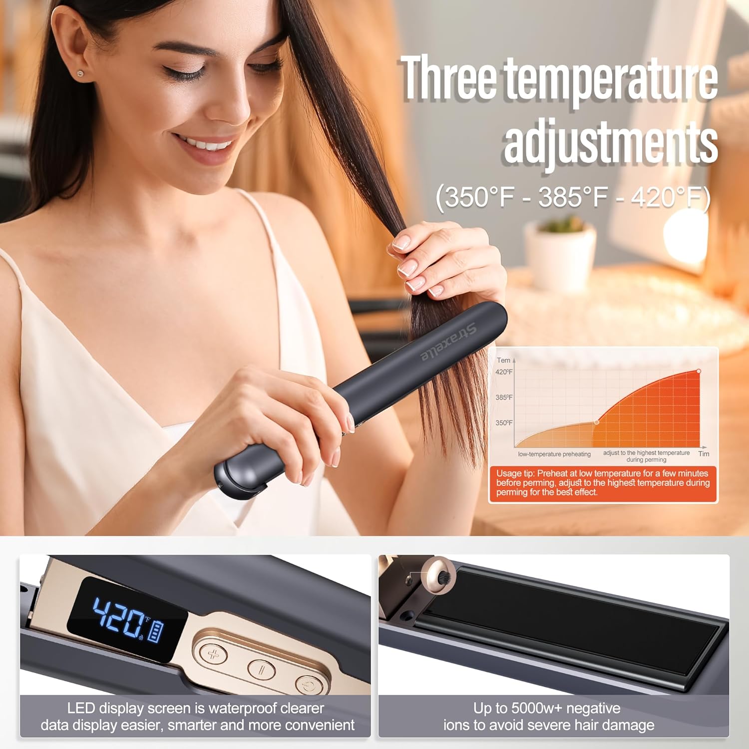 2-in-1 Cordless Hair Straightener and Curler, Adjustable 350°F-420°F, 20s Heat-Up/LED Display/10000mAh Battery,Cordless Flat Iron Travel Safe Ceramic Plates for Fine to Thick Hair - Image 5