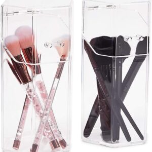 2-Pack Clear Acrylic Makeup Brush Holder with Lids - Covered Hexagon Cosmetic Organizer and Storage for Brushes, Mascara, Eyeliner, Beauty Supplies (4.3x3.9x8 in)