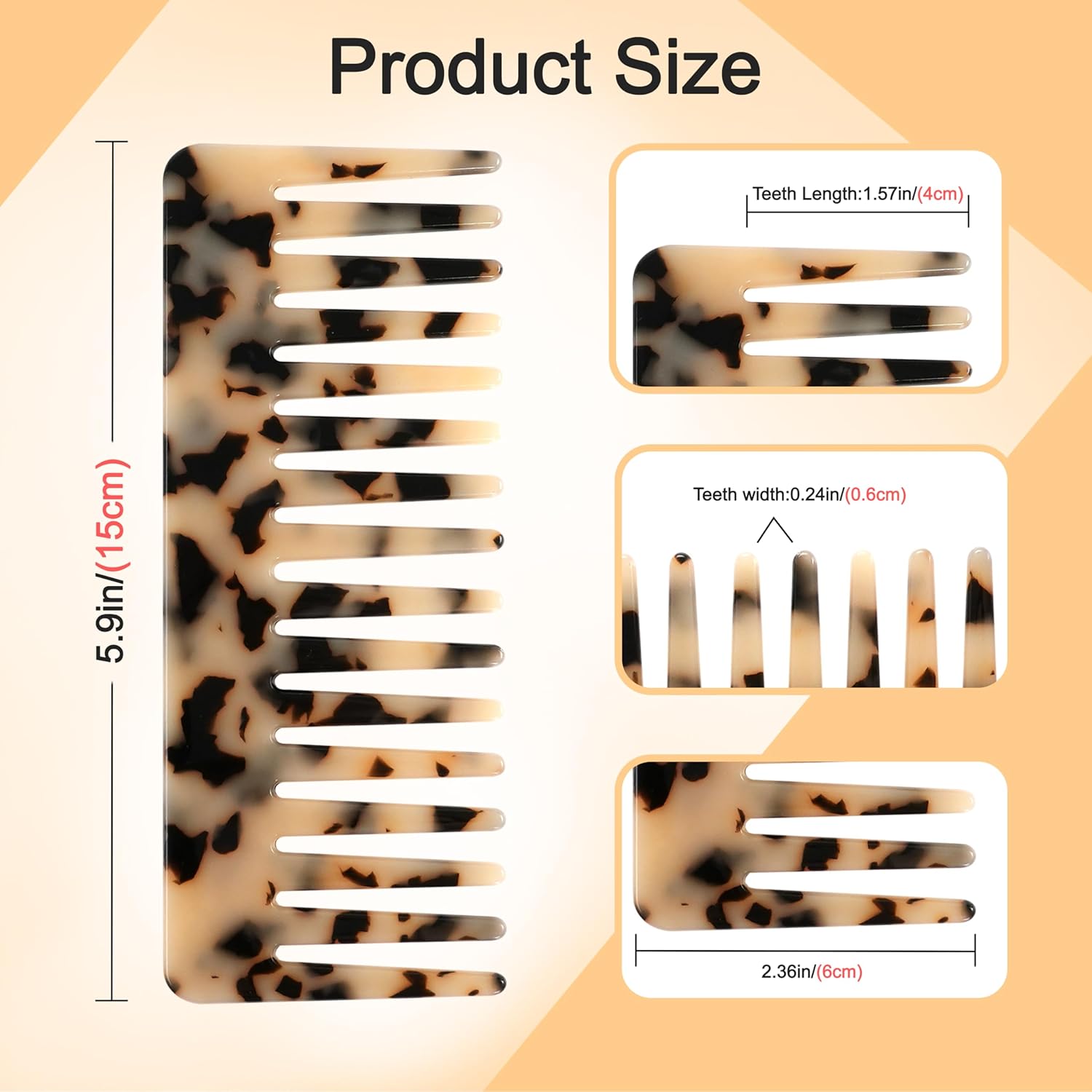 2 Pack Large Cellulose Acetate Hair Detangling Comb, 5.9 Inch Wide Tooth Comb for Wet and Dry Hair, Large Wide Tooth Combs for Women Thick Curly Wavy Hair (Tortoise Shell, Ivory) - Image 2