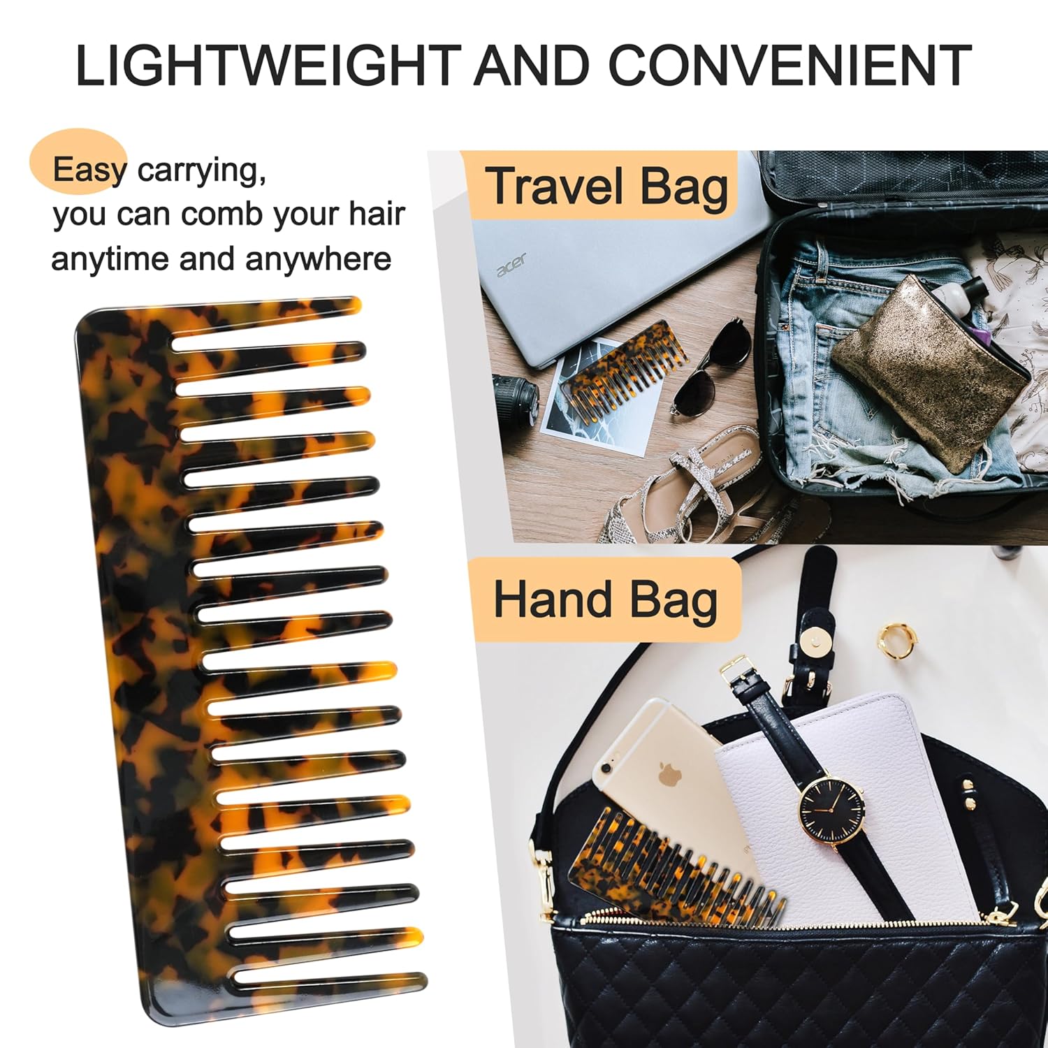 2 Pack Large Cellulose Acetate Hair Detangling Comb, 5.9 Inch Wide Tooth Comb for Wet and Dry Hair, Large Wide Tooth Combs for Women Thick Curly Wavy Hair (Tortoise Shell, Ivory) - Image 7