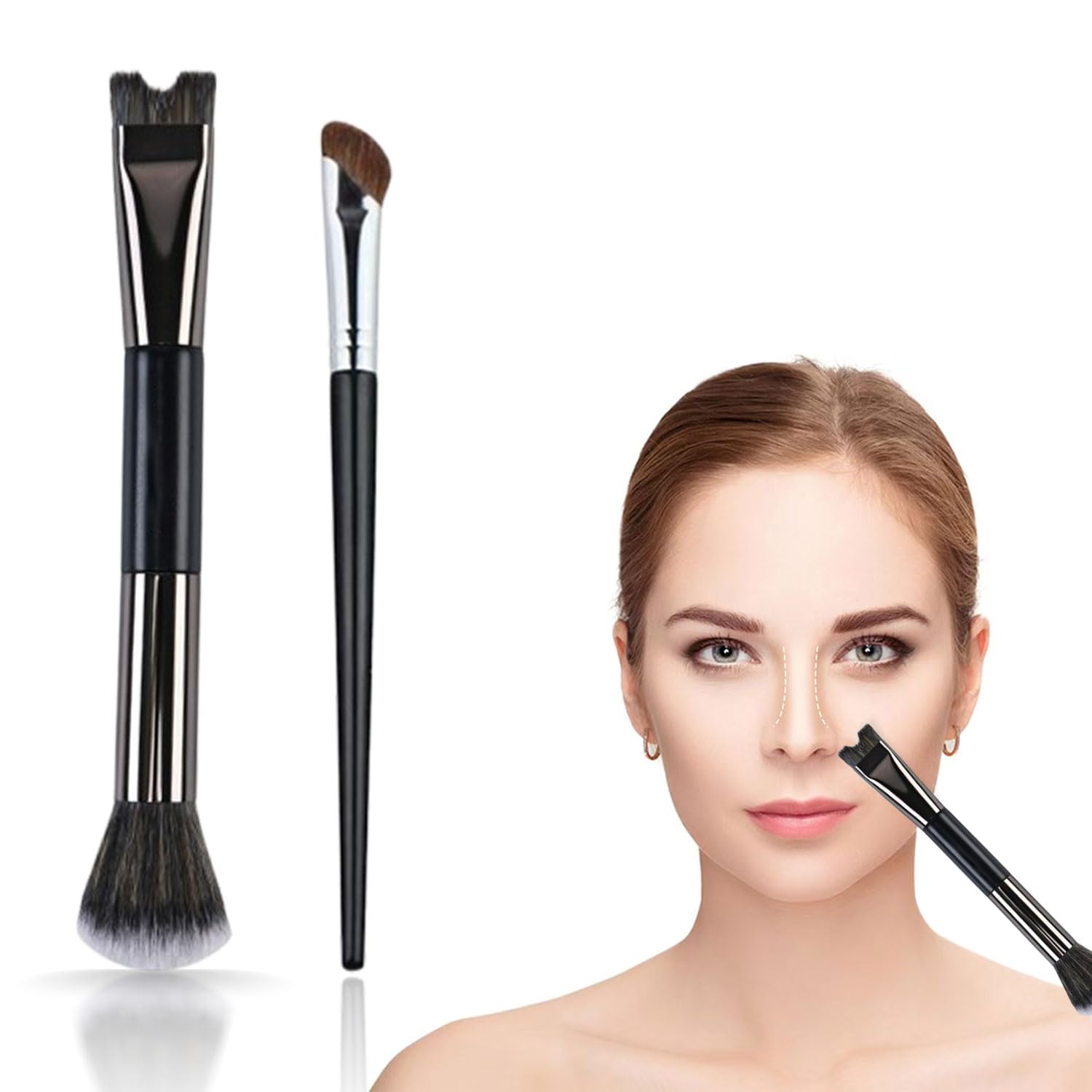 2 Pcs Nose Contour Brush, U-Shaped contour brushes for makeup, Multifunctional Dual-End Fluffy Brush, Soft Mini Angled Flat Concealer Brush for Women Girls Makeup Concealing