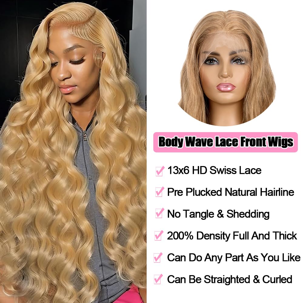 200% Density 30 Inch Honey Blonde 13x6 HD Lace Front Wig Human Hair Body Wave Lace Frontal Wigs Human Hair Pre Plucked 27# Honey Blonde Wig Glueless Wigs - Image 3
