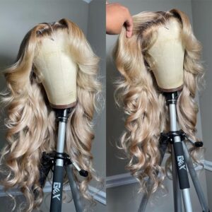 200% Density Milk Tea Ombre Ash Blonde Lace Front Wig Human Hair Upgrades 13x6 Body Wave Lace Front Wig for Women Hd Invisible Frontal Pre Plucked Ombre Blonde Human Hair Wig 20 Inch