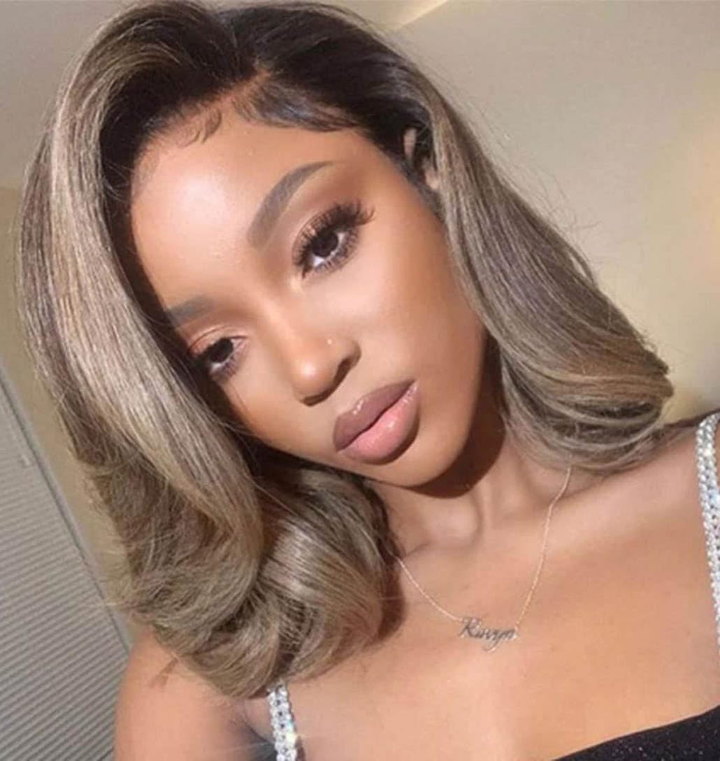 200% Density Ombre Ash Blonde Lace Front Bob Wig Human Hair Body Wave 13x4 Thicker Ombre Brown Roots with Grey Ash Blonde Short Bob Wig Pre Plucked with Baby Hair for Women 14 Inch - Image 7