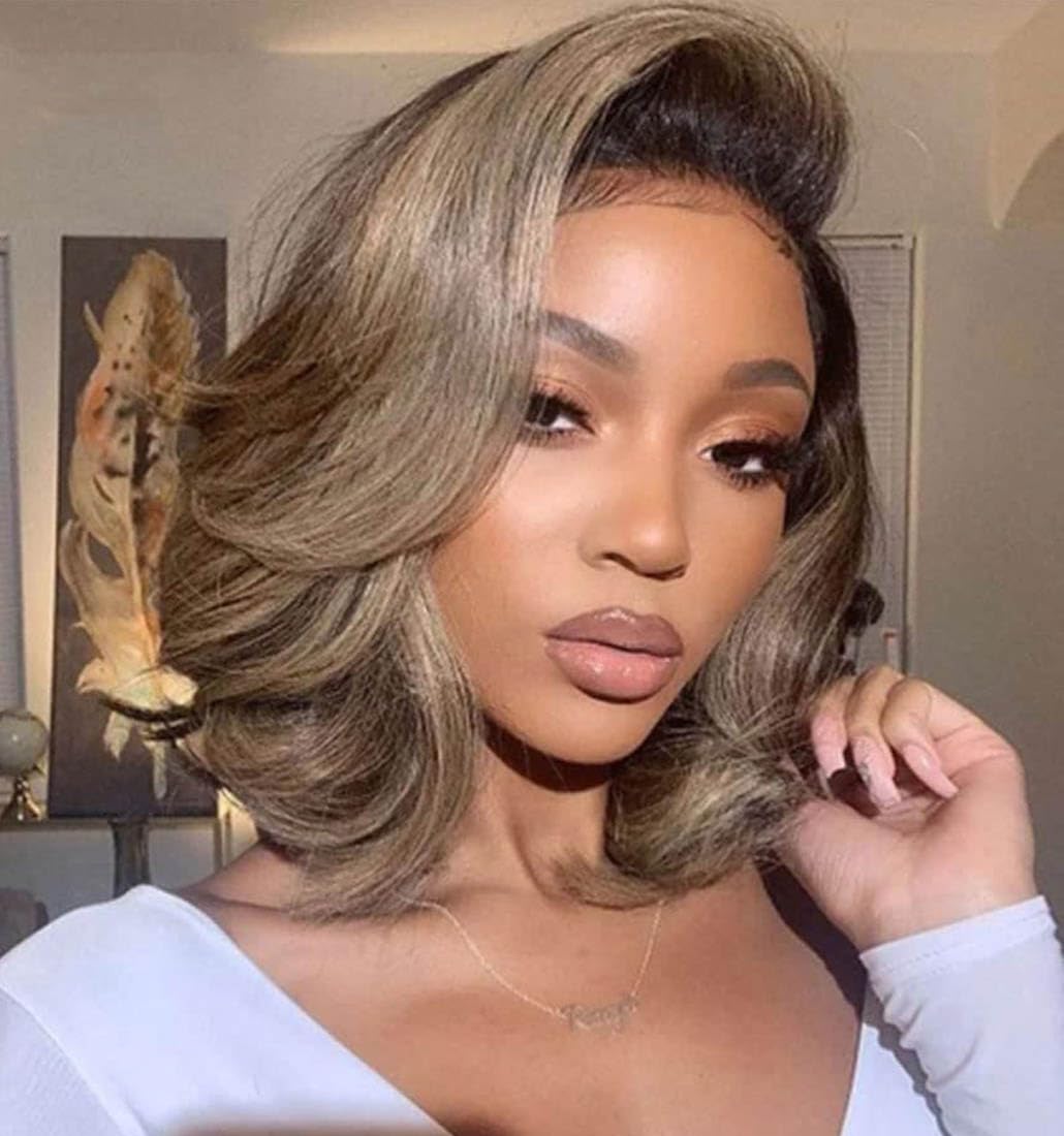 200% Density Ombre Ash Blonde Lace Front Bob Wig Human Hair Body Wave 13x4 Thicker Ombre Brown Roots with Grey Ash Blonde Short Bob Wig Pre Plucked with Baby Hair for Women 14 Inch - Image 4