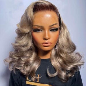 200% Density Ombre Ash Blonde Lace Front Bob Wig Human Hair Body Wave 13x4 Thicker Ombre Brown Roots with Grey Ash Blonde Short Bob Wig Pre Plucked with Baby Hair for Women 14 Inch