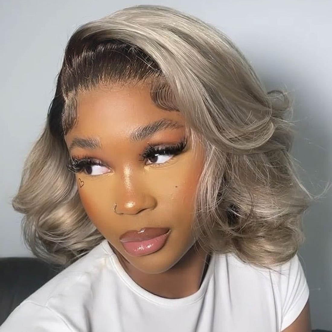 200% Density Ombre Ash Blonde Lace Front Bob Wig Human Hair Body Wave 13x4 Thicker Ombre Brown Roots with Grey Ash Blonde Short Bob Wig Pre Plucked with Baby Hair for Women 14 Inch - Image 3