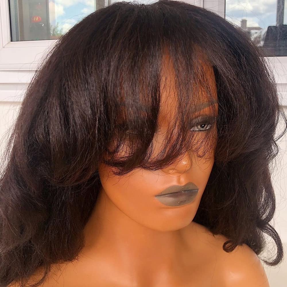 200 Density Yaki Wavy Wigs Brazilian Human Hair Scalp Top Full Machine Made Wig Yaki Wavy With Bangs Remy Human Hair For Women Natural Color 12 Inch - Image 3