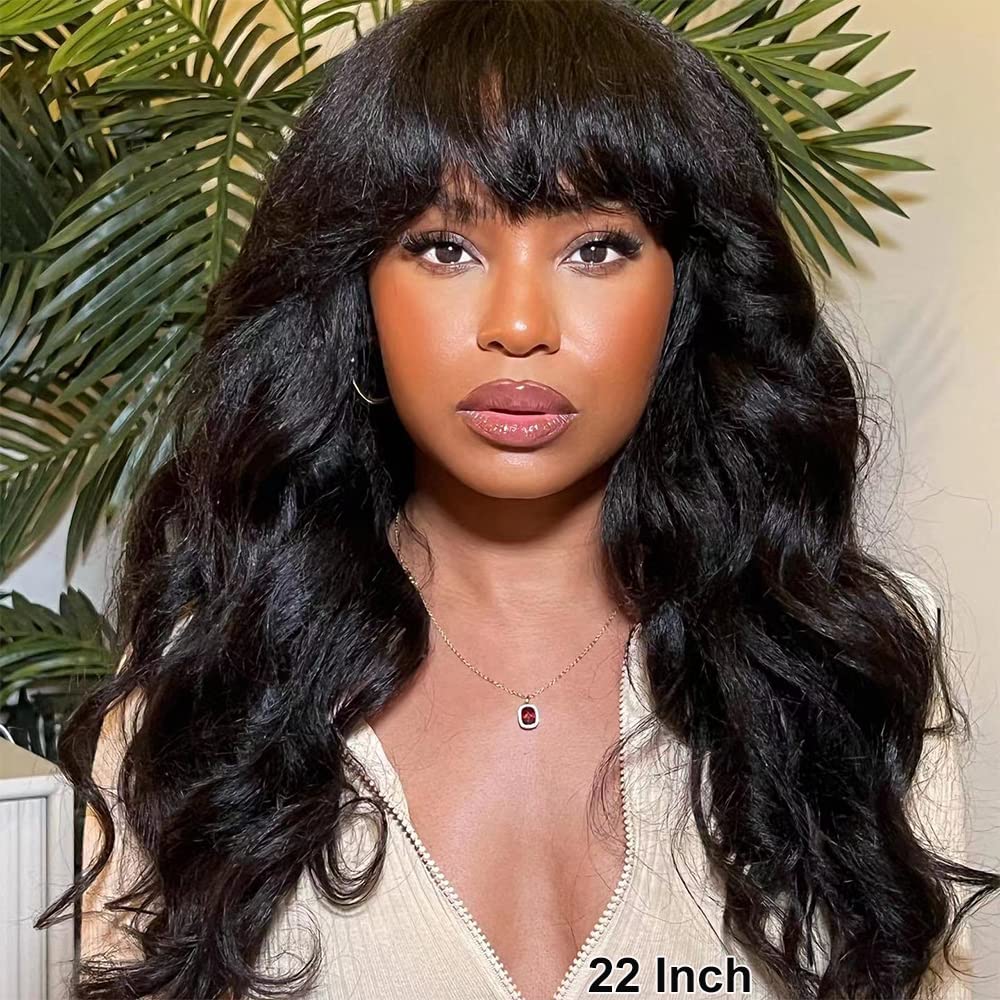 200 Density Yaki Wavy Wigs Brazilian Human Hair Scalp Top Full Machine Made Wig Yaki Wavy With Bangs Remy Human Hair For Women Natural Color 12 Inch - Image 6