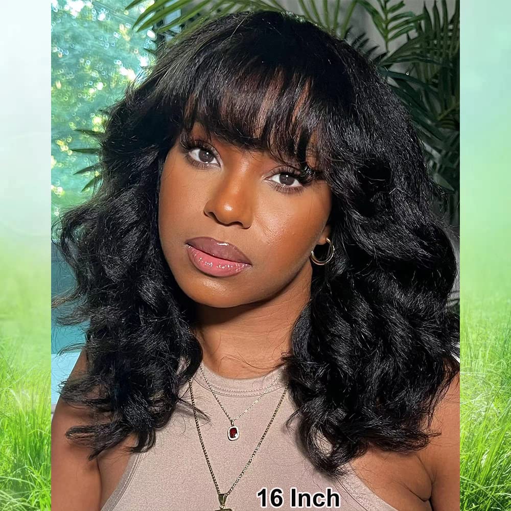 200 Density Yaki Wavy Wigs Brazilian Human Hair Scalp Top Full Machine Made Wig Yaki Wavy With Bangs Remy Human Hair For Women Natural Color 12 Inch - Image 5