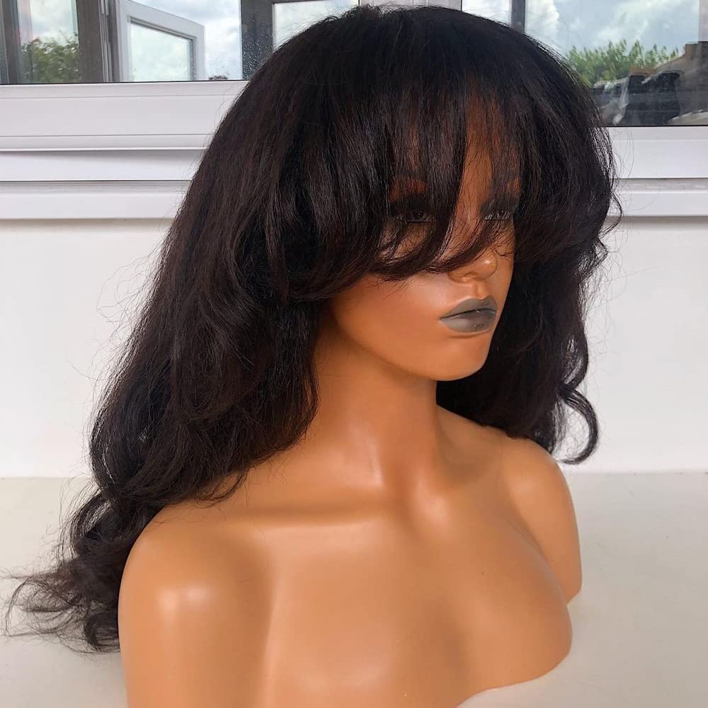 200 Density Yaki Wavy Wigs Brazilian Human Hair Scalp Top Full Machine Made Wig Yaki Wavy With Bangs Remy Human Hair For Women Natural Color 12 Inch - Image 4