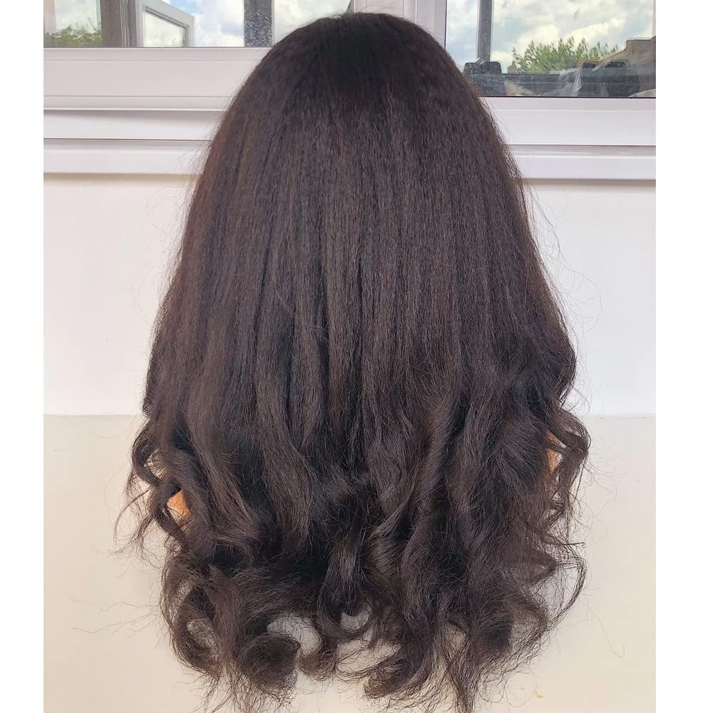200 Density Yaki Wavy Wigs Brazilian Human Hair Scalp Top Full Machine Made Wig Yaki Wavy With Bangs Remy Human Hair For Women Natural Color 12 Inch - Image 2