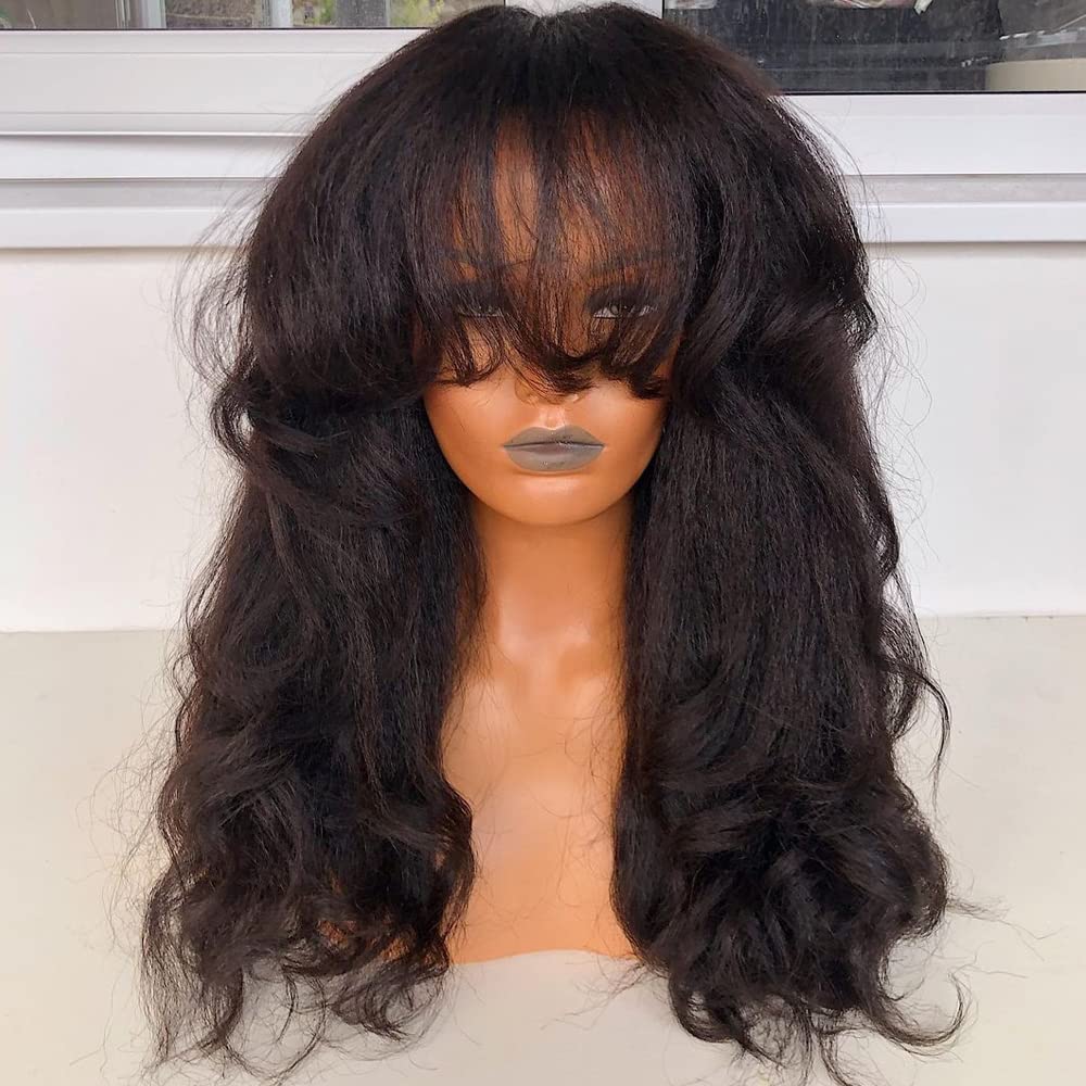 200 Density Yaki Wavy Wigs Brazilian Human Hair Scalp Top Full Machine Made Wig Yaki Wavy With Bangs Remy Human Hair For Women Natural Color 12 Inch
