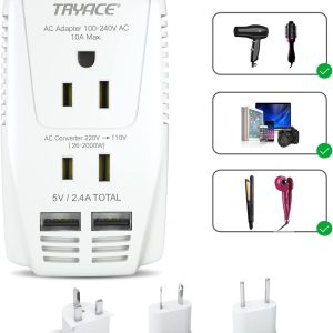 2000W Travel Voltage Converter Step Down 220v to 110v Power Converter for Hair Dryer Straightener Curling Iron, 10A Power Adapter with 2 USB Charging EU/UK/AU/US Worldwide Plug for Laptop Phone