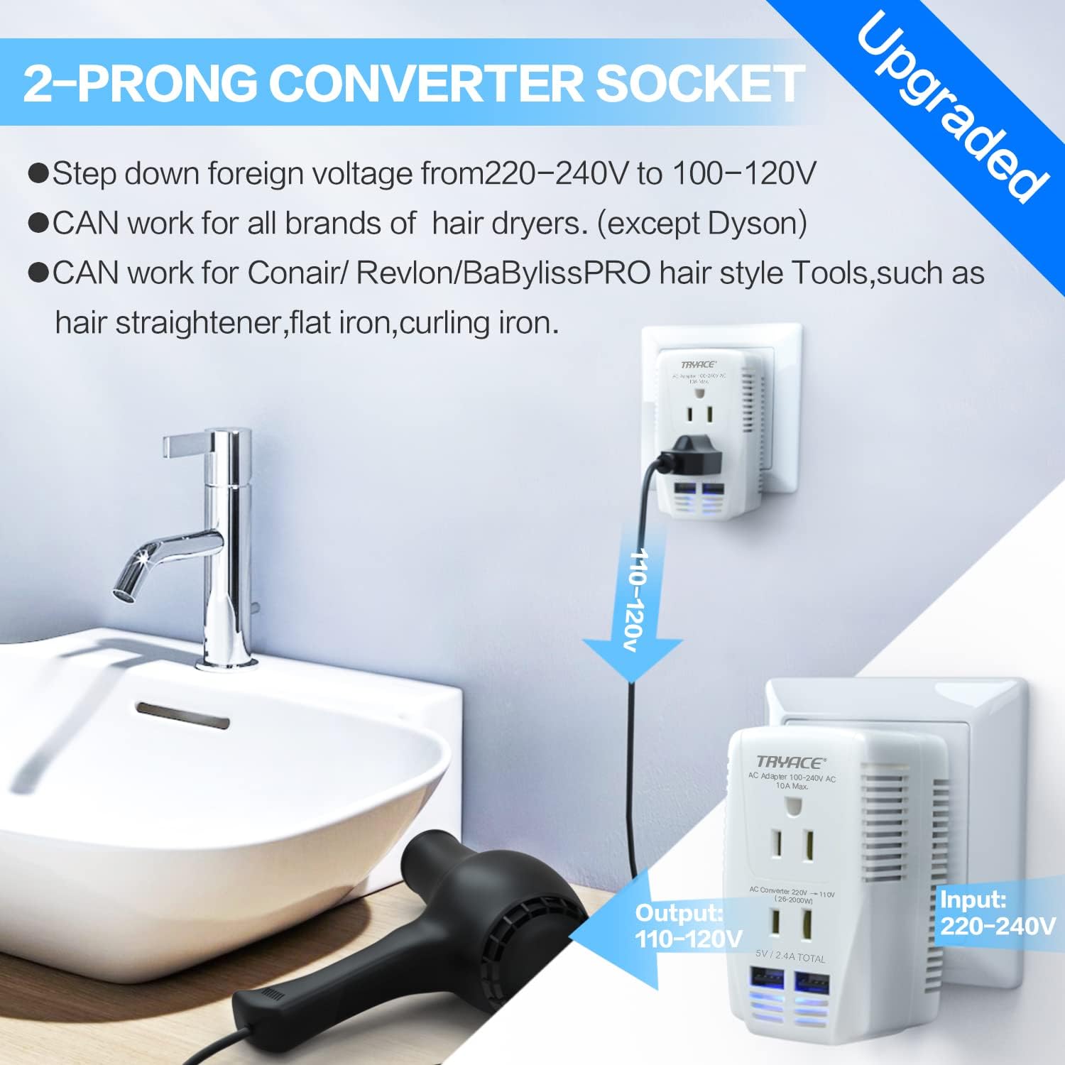 2000W Travel Voltage Converter Step Down 220v to 110v Power Converter for Hair Dryer Straightener Curling Iron, 10A Power Adapter with 2 USB Charging EU/UK/AU/US Worldwide Plug for Laptop Phone - Image 4