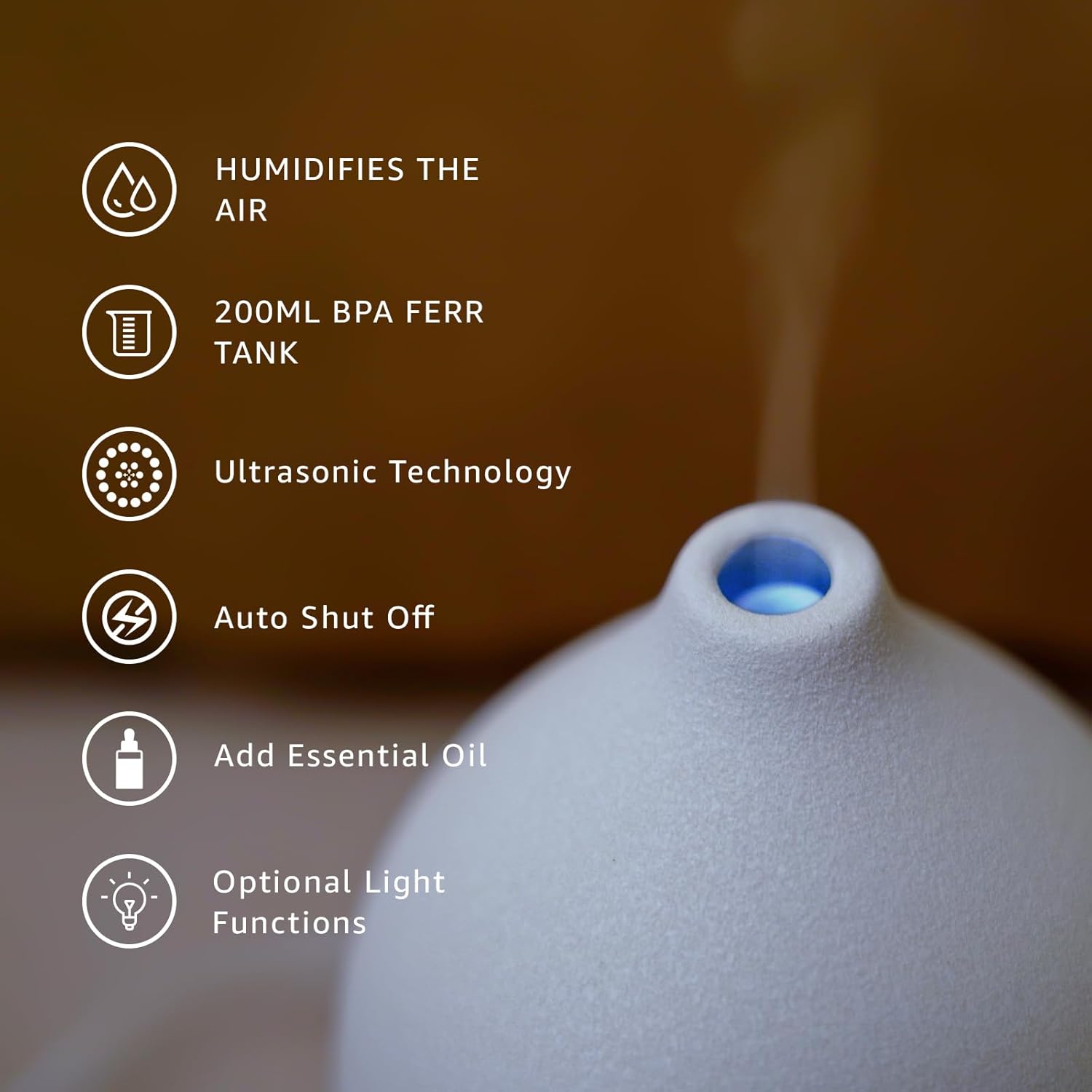 200ML Ceramic Essential Oil Diffuser - Ultrasonic Aromatherapy & Humidifier with 7-Color LED Lights, Auto Shut-Off, Wood Grain Base, 1H/3H/6H Timer | Scent for Home, Office, Yoga - Image 5