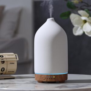 200ML Ceramic Essential Oil Diffuser - Ultrasonic Aromatherapy & Humidifier with 7-Color LED Lights, Auto Shut-Off, Wood Grain Base, 1H/3H/6H Timer | Scent for Home, Office, Yoga