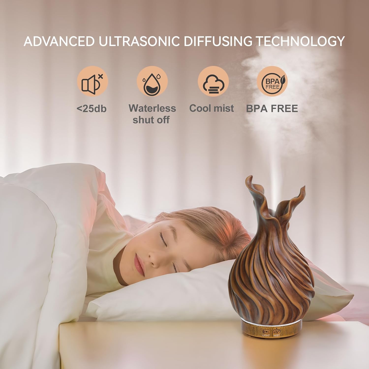 200ml Essential Oil Diffuser for Home, Wood Grain Cover Aromatherapy Diffuser, Cool Mist Humidifier with Safe Auto Shut-Off and 2 Mist Modes & 7 Color LED Night Lights for Office Room (VASE03) - Image 4