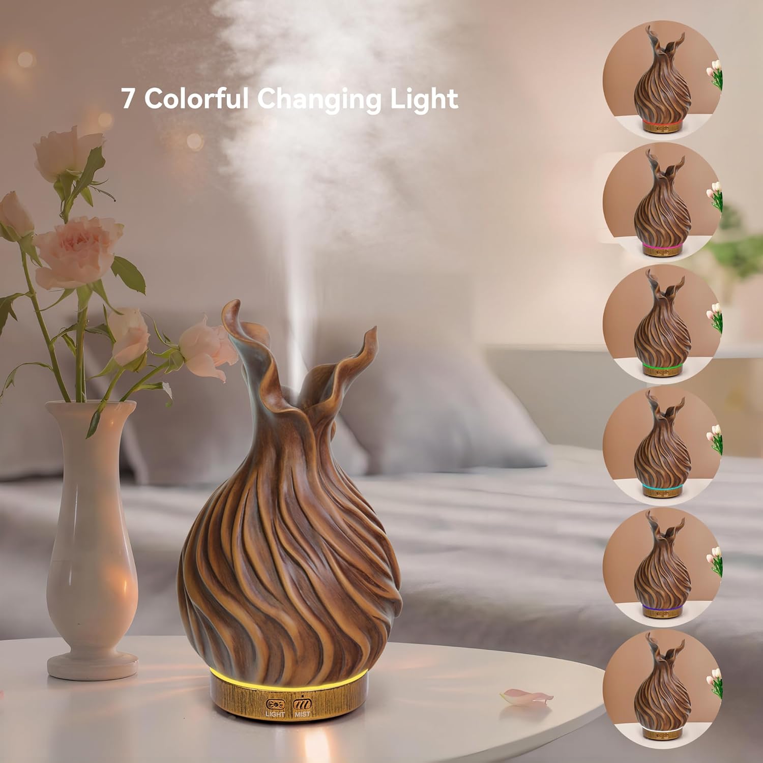 200ml Essential Oil Diffuser for Home, Wood Grain Cover Aromatherapy Diffuser, Cool Mist Humidifier with Safe Auto Shut-Off and 2 Mist Modes & 7 Color LED Night Lights for Office Room (VASE03) - Image 6