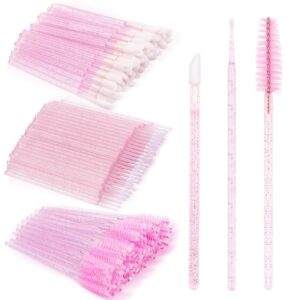 200Pcs Eyelash Extension Kit, Lash Spoolies Extension Supplies Eyebrow Brush Mascara Wands Lip Brushes Applicators Disposable Micro Swab Brushes for Lash Extensions Brow Lamination Kit, Crystal Pink
