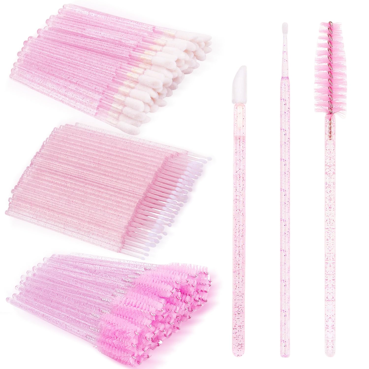200Pcs Eyelash Extension Kit, Lash Spoolies Extension Supplies Eyebrow Brush Mascara Wands Lip Brushes Applicators Disposable Micro Swab Brushes for Lash Extensions Brow Lamination Kit, Crystal Pink