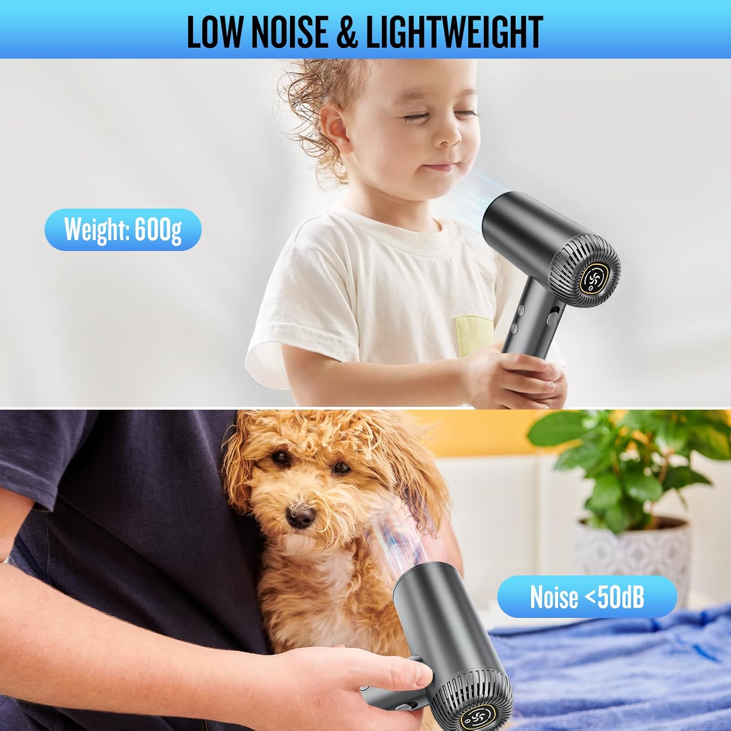 2025 Silver 200000 RPM High Speed Ionic Hair Dryer Brushless Motor with Diffuser for Women Curly Hair Dog Salon Travel - Image 5