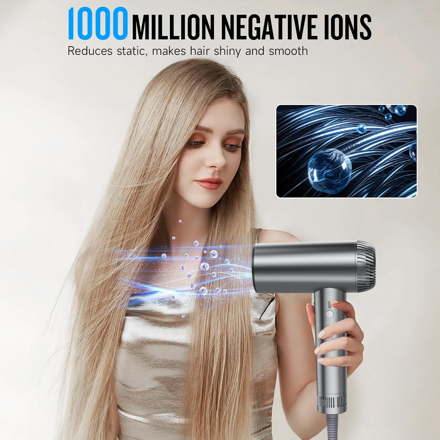 2025 Silver 200000 RPM High Speed Ionic Hair Dryer Brushless Motor with Diffuser for Women Curly Hair Dog Salon Travel - Image 4