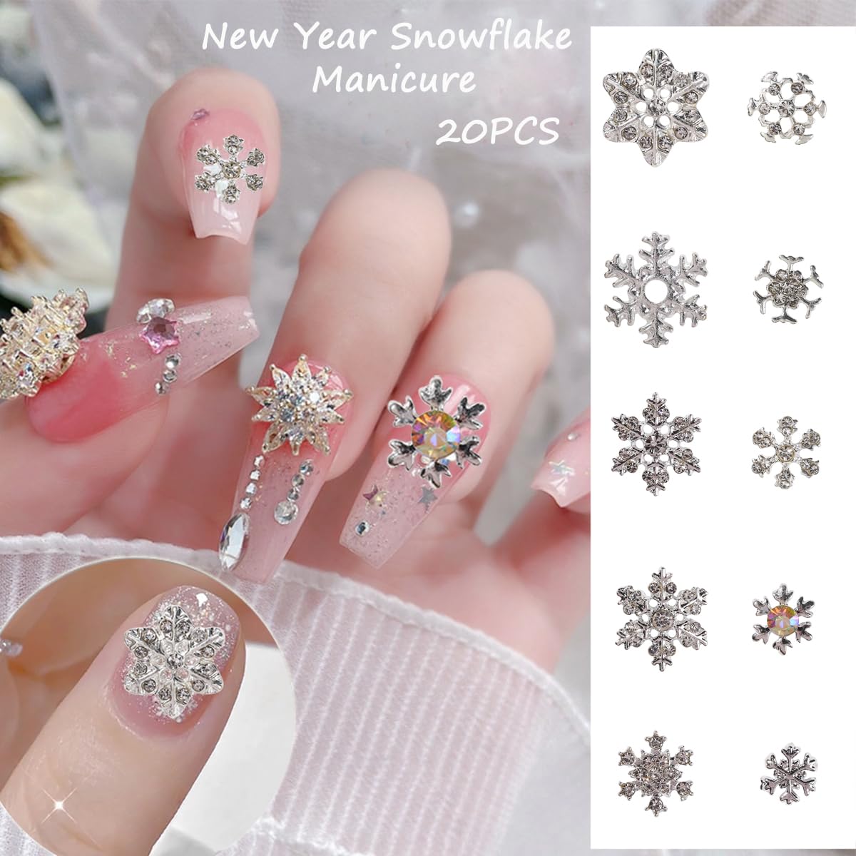 20pcs Christmas Nail Charms Alloy Snowflake Art Charms Silver Rhinestones Design Xmas Gems for Acrylic Nails Supplies Shiny Zircon Snowflake for Women DIY Holiday Decor - Image 2