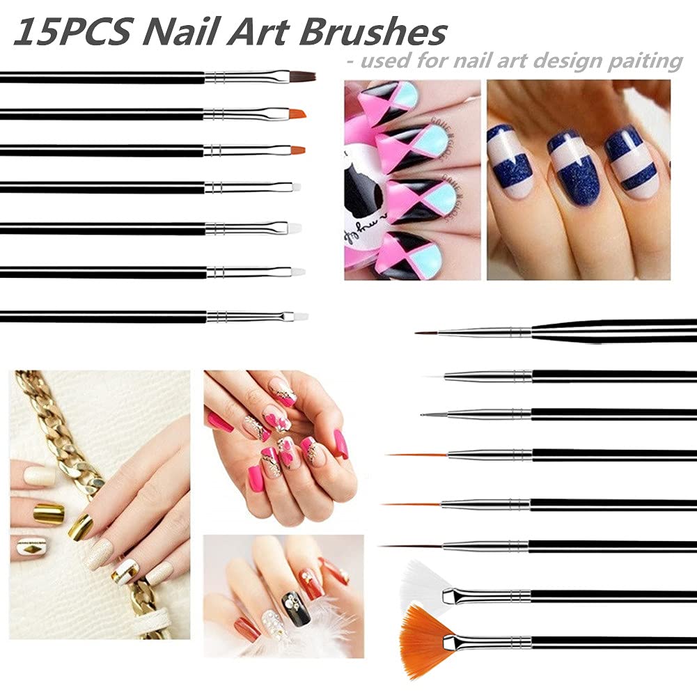 20PCS Nail Art Design Tools, 15PCS Painting Brushes Set (Black) with 5PCS Dotting Pens - Image 2