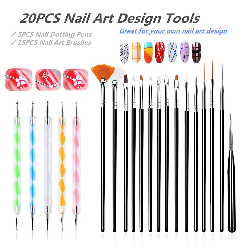 20PCS Nail Art Design Tools, 15PCS Painting Brushes Set (Black) with 5PCS Dotting Pens - Image 3