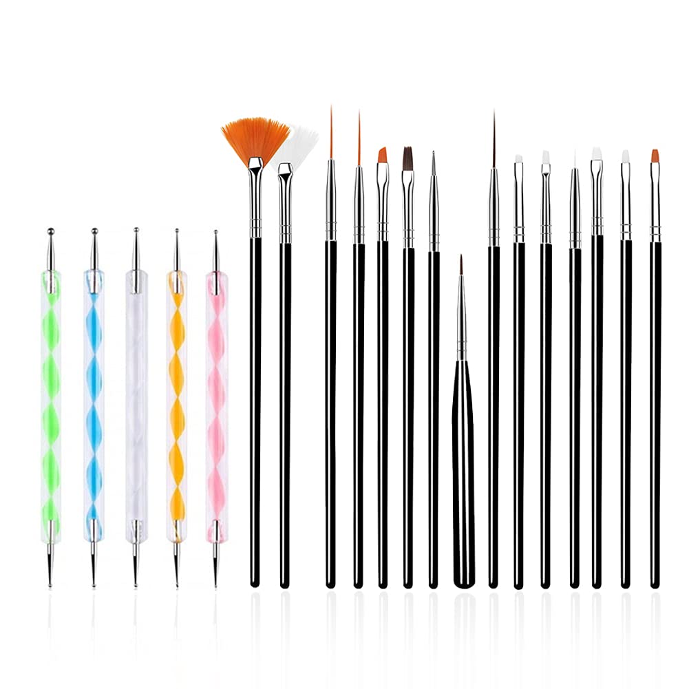 20PCS Nail Art Design Tools, 15PCS Painting Brushes Set (Black) with 5PCS Dotting Pens