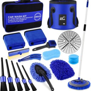 21Pcs Car Wash Kit,62" Car Wash Brush Mop with Long Handle,Car Cleaning Kit,Car Detailing Brush Set,Car Wash Bucket with Filter,Windshield Window Squeegee for Cars RV Truck Boat