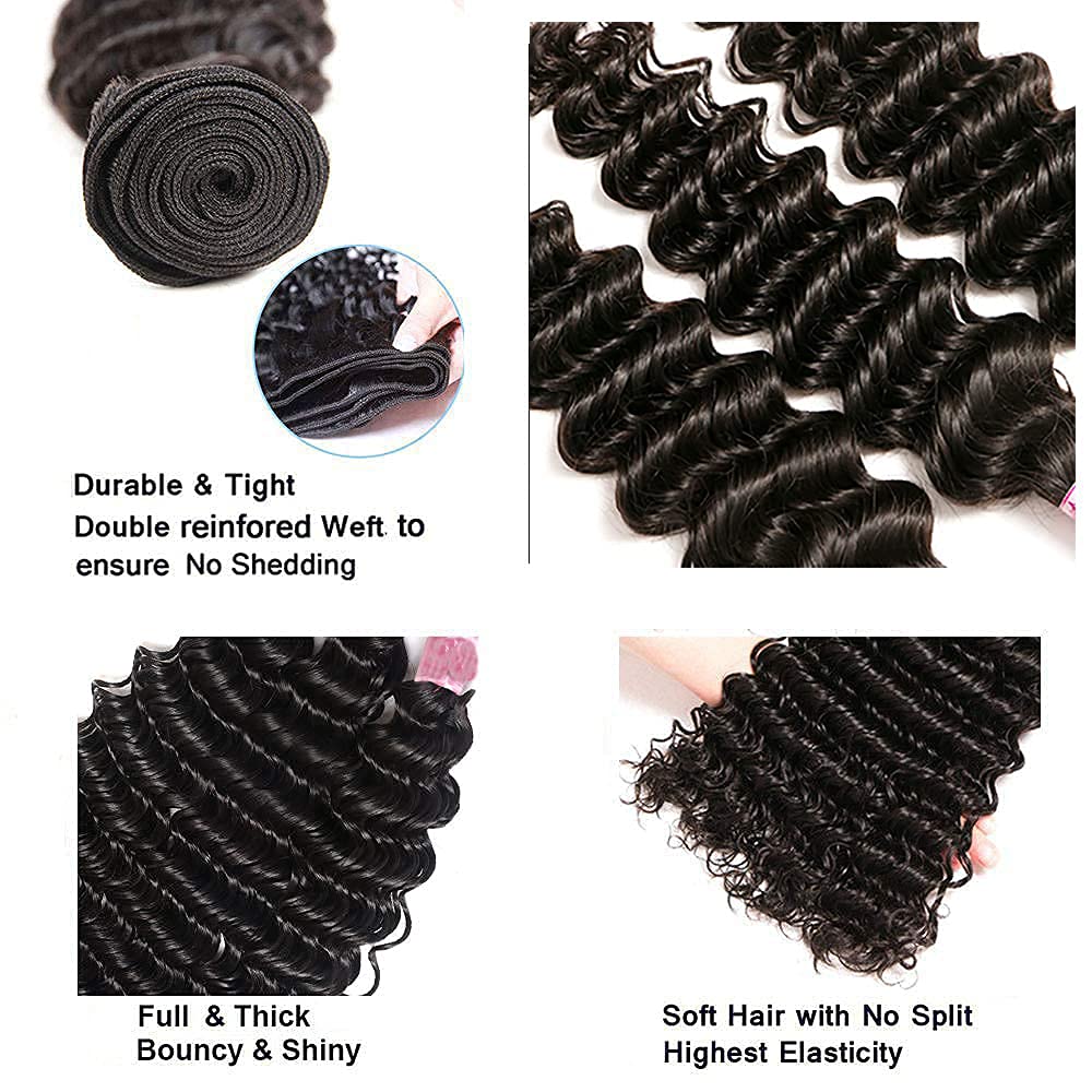 22 24 26 Inch Deep Wave Bundles Human Hair Unprocessed Peruvian Virgin Remy Hair Mixed Length 3 Bundles Natural Black Color Loose Deep Wave Bundles Hair Extensions