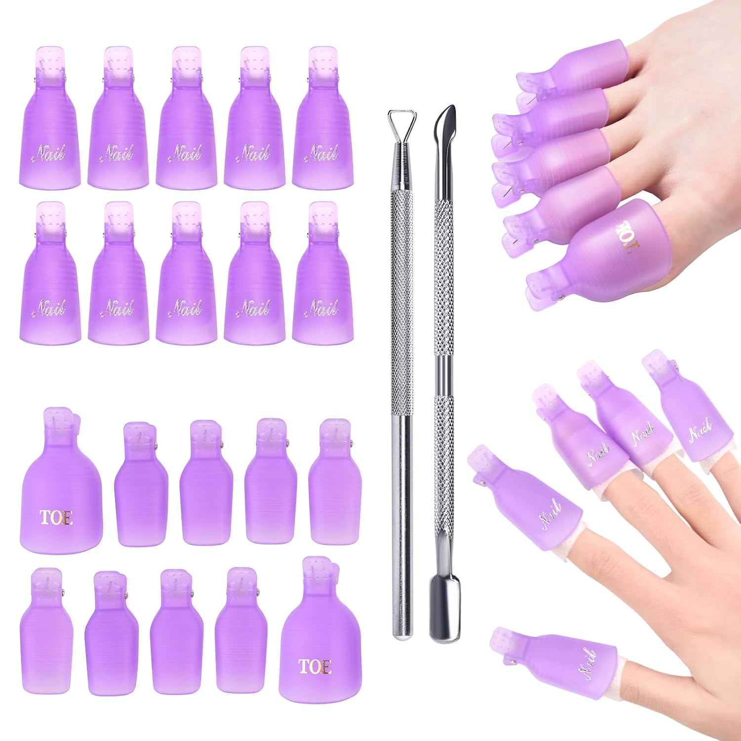 22Pcs Gel Nail Polish Remover Clips Kit Plastic Toenail and Finger Gel Nail Polish Remover Clips Reusable Nail Art Polish Soak Off Cleaner Cap Clip with 2Pcs Cuticle Pushers (Purple)